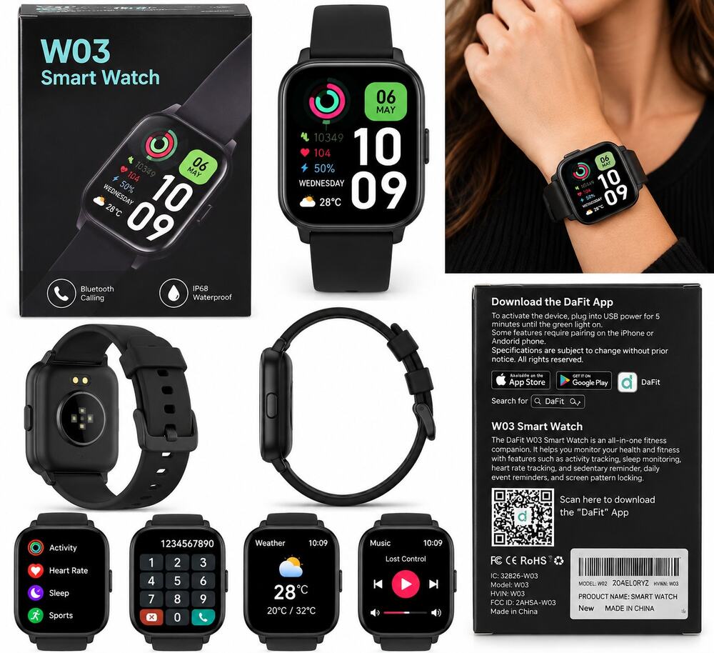 W03 Smart Watch – Black – Bluetooth Calling – Fitness & Activity Tracker